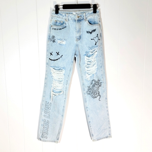 4/$20 Adika High Rise Toxic Love Skull Rose Distressed Straight Jeans - Picture 2 of 7